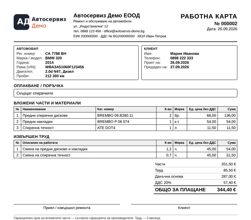 Отпечатана работна карта